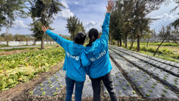 Two researchers lock arms in Xochimilco, Mexico City, Mexico. 