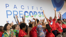 People raise their hands at Pre-COP 31 meetings 