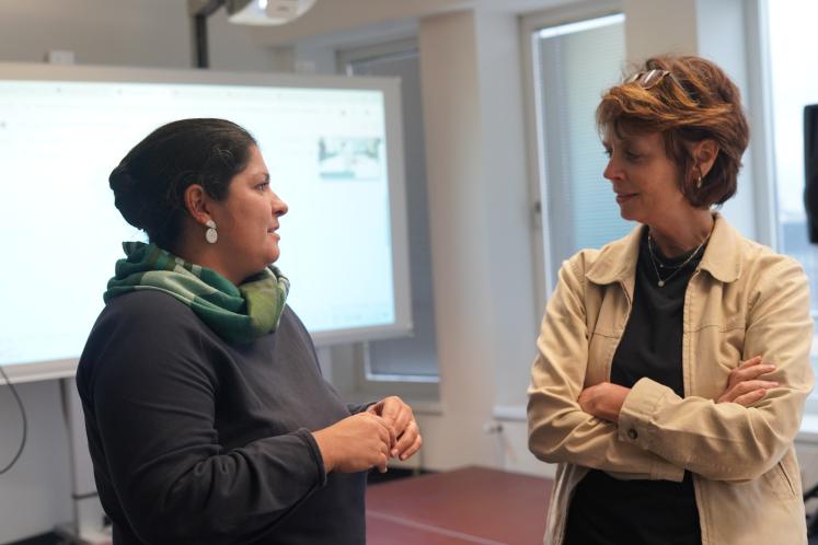 Dr. Serena Coetzee engaging with a doctoral supervisor before the briefing 