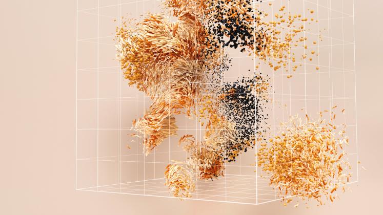 A conceptual 3D cube displaying abstract data visualization with dynamic particles that look like grain