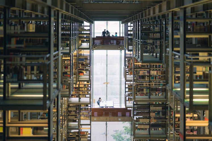A bright, modern library interior with rows of computers on desks and large windows letting in natural light.