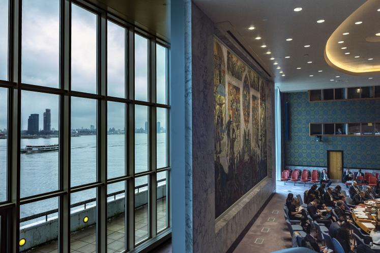 The view of the East River in New York City from the Security Council meeting room.