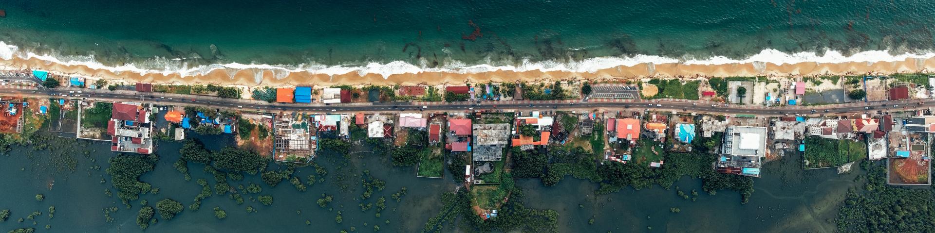 Aerial view of a village on a shoreline