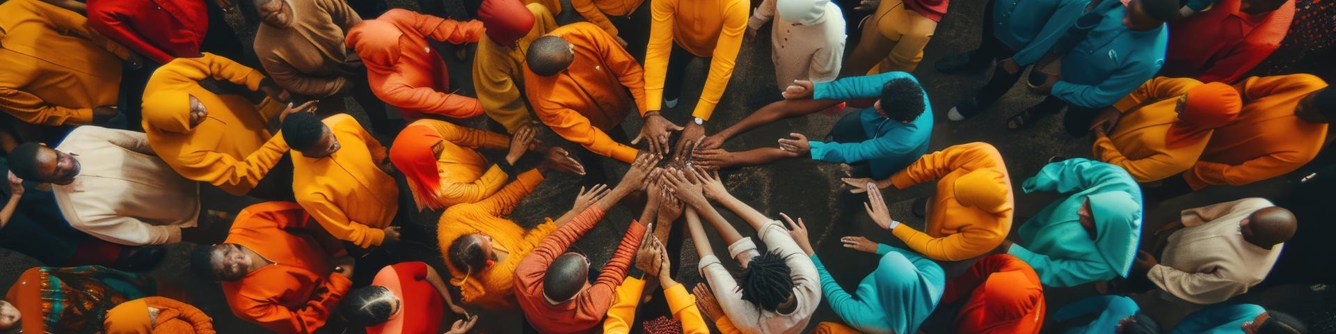 Aerial picture of people in layers of circles, with their arms forward and holding each other's hands