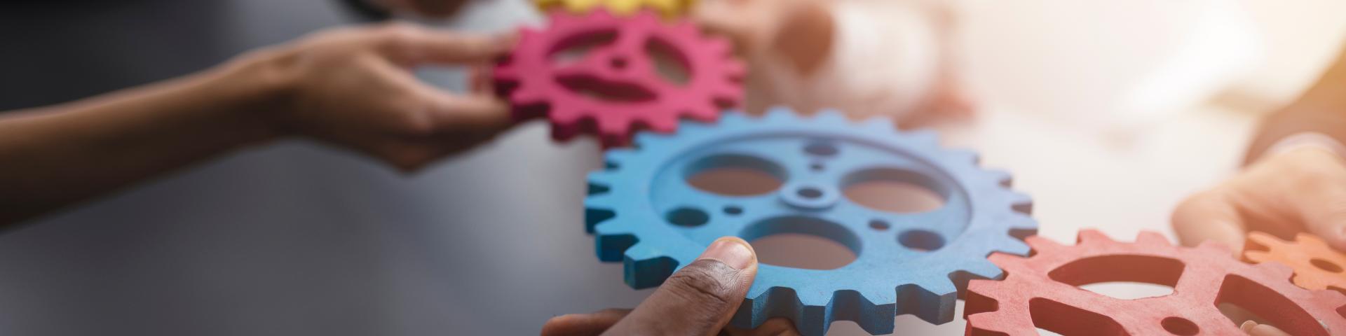 Photo of different hands each holding a cogwheel in different colours