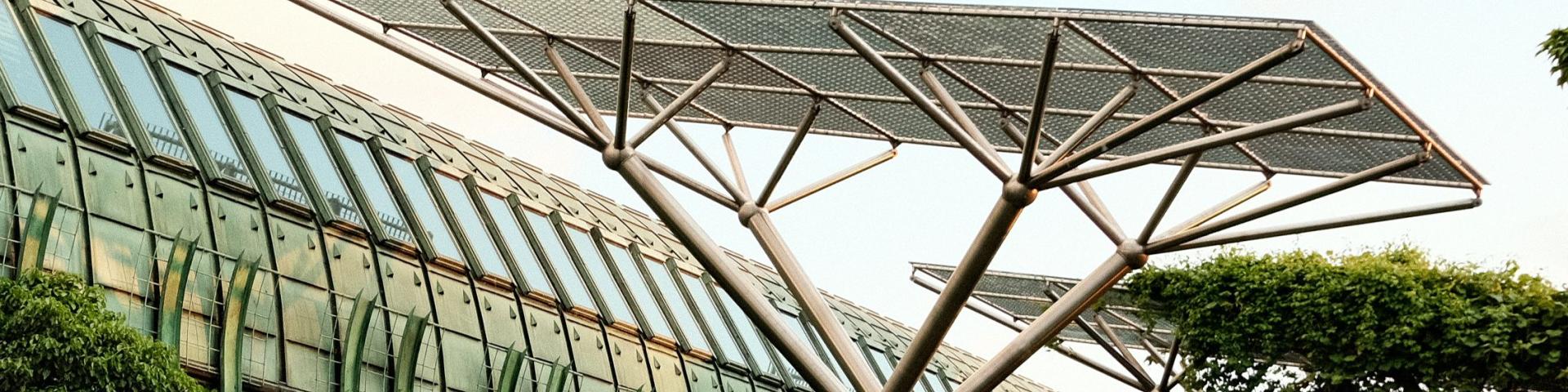 A close-up view of tree-like solar panel structures beside a glass-covered building, surrounded by lush greenery under a clear blue sky.